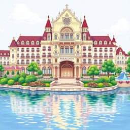 A beautifully stylized drawing of the Miracosta Hotel at Tokyo Disney Resort, capturing its elegant Italian Renaissance architecture with intricate details