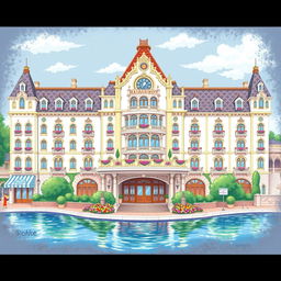 A beautifully stylized drawing of the Miracosta Hotel at Tokyo Disney Resort, capturing its elegant Italian Renaissance architecture with intricate details