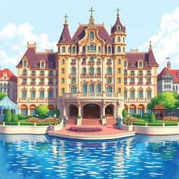 A beautifully stylized drawing of the Miracosta Hotel at Tokyo Disney Resort, capturing its elegant Italian Renaissance architecture with intricate details