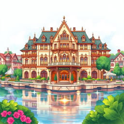 A beautifully stylized drawing of the Miracosta Hotel at Tokyo Disney Resort, capturing its elegant Italian Renaissance architecture with intricate details