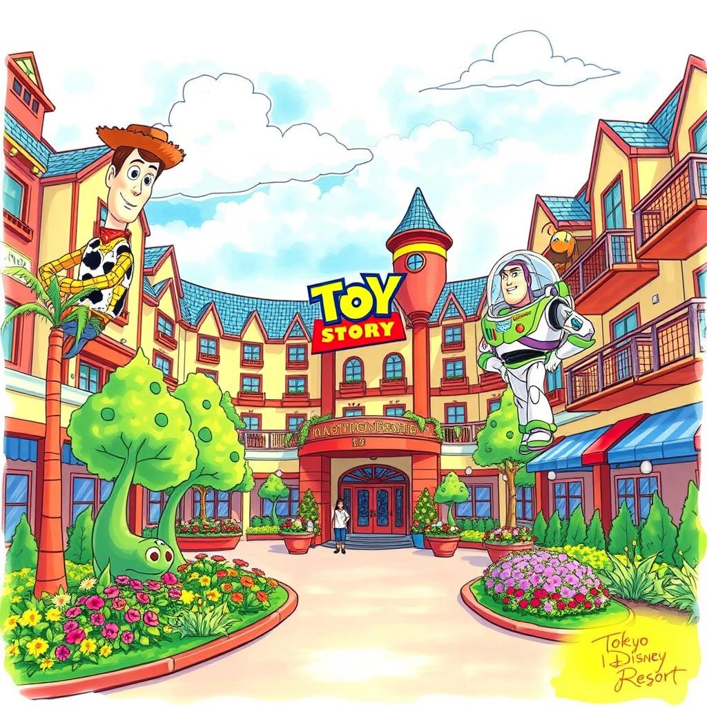 A charming drawing of the Toy Story Hotel at Tokyo Disney Resort, capturing its playful and vibrant design inspired by Pixar's Toy Story