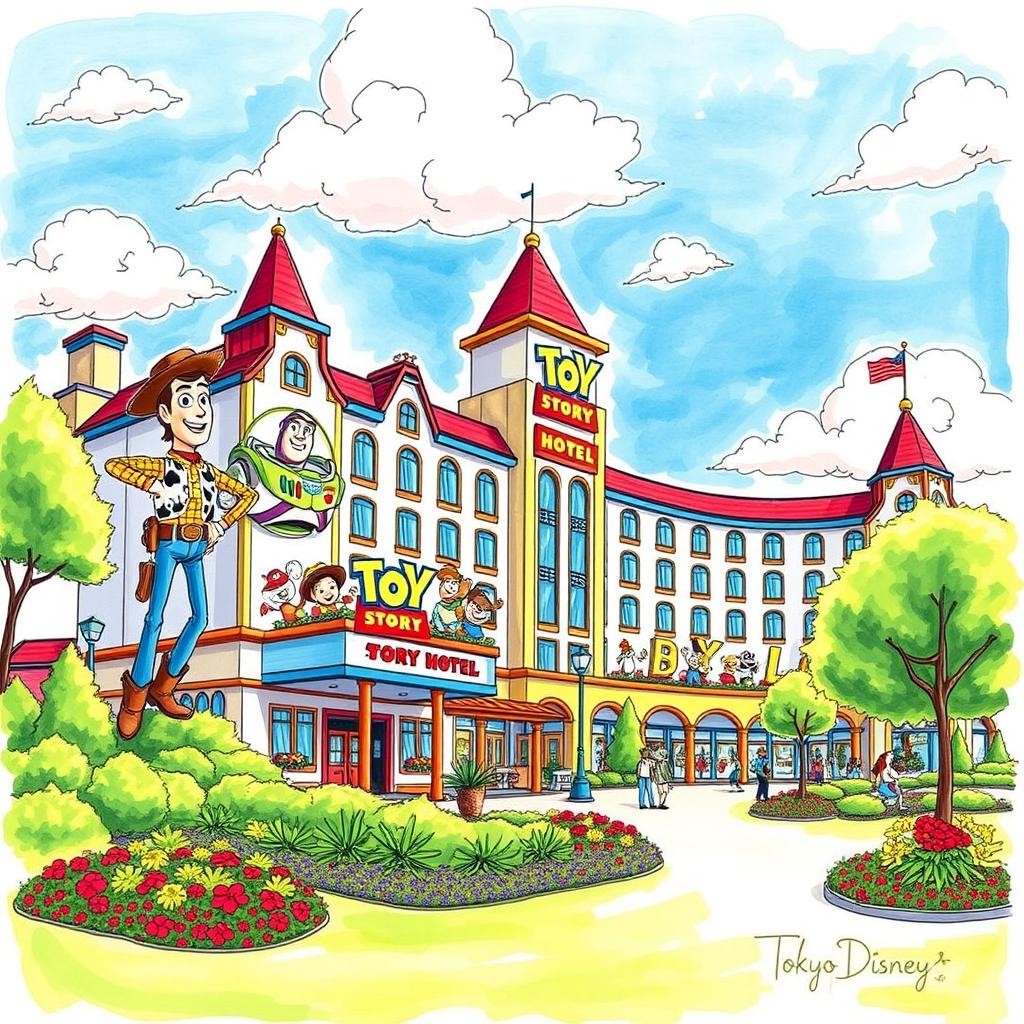 A charming drawing of the Toy Story Hotel at Tokyo Disney Resort, capturing its playful and vibrant design inspired by Pixar's Toy Story