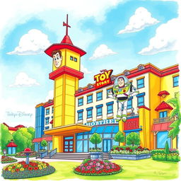 A charming drawing of the Toy Story Hotel at Tokyo Disney Resort, capturing its playful and vibrant design inspired by Pixar's Toy Story