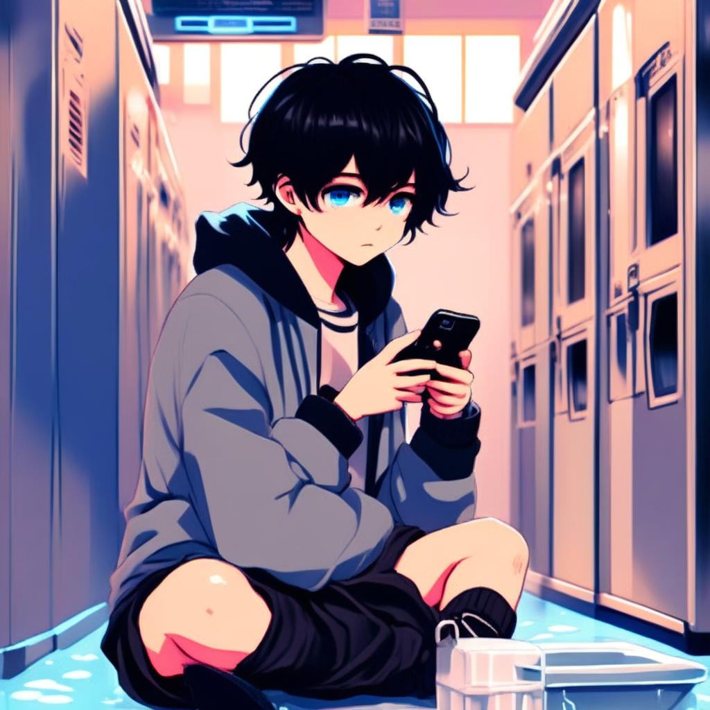 Anime art of an emo boy with black hair and ice-blue eye checking his phone in an empty laundromat bathed in blue neon light.