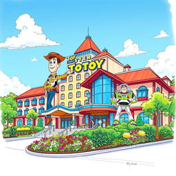 A charming drawing of the Toy Story Hotel at Tokyo Disney Resort, capturing its playful and vibrant design inspired by Pixar's Toy Story