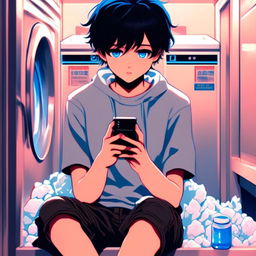 Anime art of an emo boy with black hair and ice-blue eye checking his phone in an empty laundromat bathed in blue neon light.