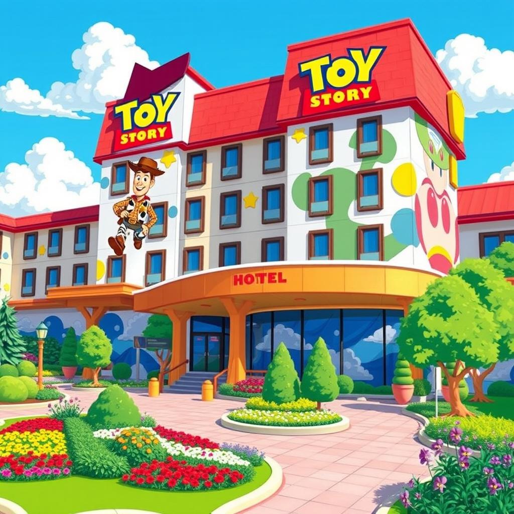 A vibrant illustration of the Toy Story Hotel at Tokyo Disney Resort, designed in a playful and colorful style that reflects the fun spirit of Pixar's Toy Story