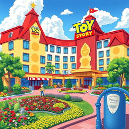 A vibrant illustration of the Toy Story Hotel at Tokyo Disney Resort, designed in a playful and colorful style that reflects the fun spirit of Pixar's Toy Story