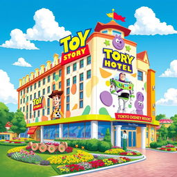 A vibrant illustration of the Toy Story Hotel at Tokyo Disney Resort, designed in a playful and colorful style that reflects the fun spirit of Pixar's Toy Story