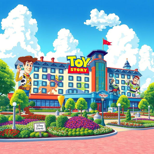 A vibrant illustration of the Toy Story Hotel at Tokyo Disney Resort, designed in a playful and colorful style that reflects the fun spirit of Pixar's Toy Story