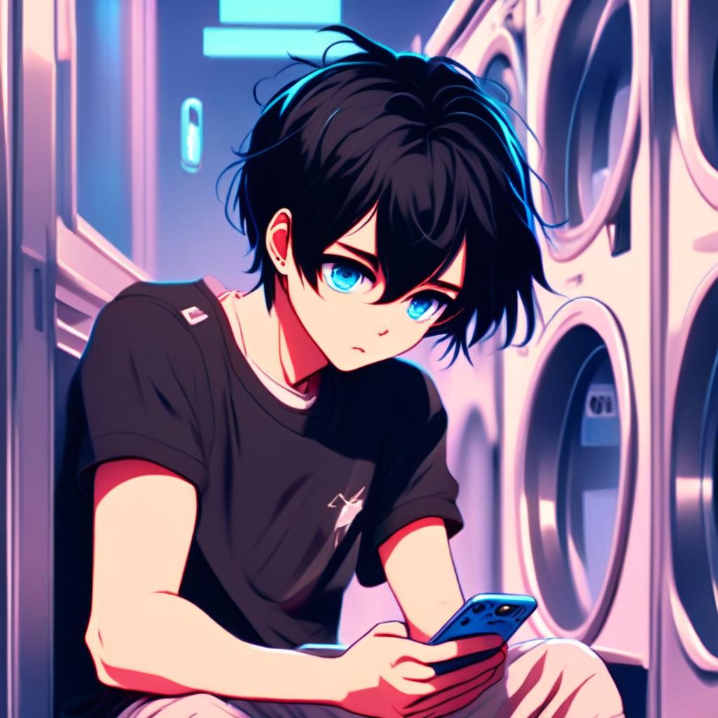 Anime art of an emo boy with black hair and ice-blue eye checking his phone in an empty laundromat bathed in blue neon light.