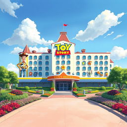 A realistic depiction of the Toy Story Hotel at Tokyo Disney Resort, showcasing its vibrant and playful architecture inspired by Pixar's Toy Story