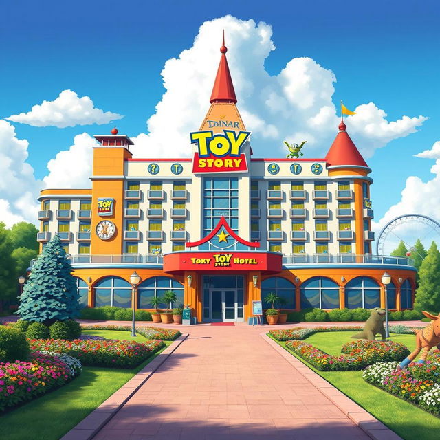 A realistic depiction of the Toy Story Hotel at Tokyo Disney Resort, showcasing its vibrant and playful architecture inspired by Pixar's Toy Story