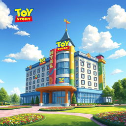 A realistic depiction of the Toy Story Hotel at Tokyo Disney Resort, showcasing its vibrant and playful architecture inspired by Pixar's Toy Story