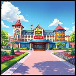 A realistic depiction of the Toy Story Hotel at Tokyo Disney Resort, showcasing its vibrant and playful architecture inspired by Pixar's Toy Story