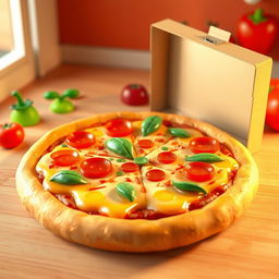 A whimsical 3D illustration of a delicious pizza in the charming and playful style reminiscent of Pixar animation