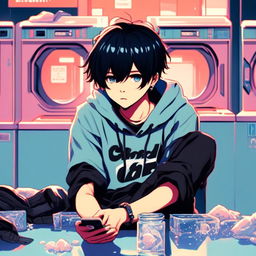 Anime art of an emo boy with black hair and ice-blue eye checking his phone in an empty laundromat bathed in blue neon light.