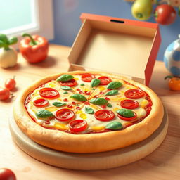 A whimsical 3D illustration of a delicious pizza in the charming and playful style reminiscent of Pixar animation