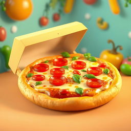 A whimsical 3D illustration of a delicious pizza in the charming and playful style reminiscent of Pixar animation