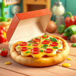 A whimsical 3D illustration of a delicious pizza in the charming and playful style reminiscent of Pixar animation