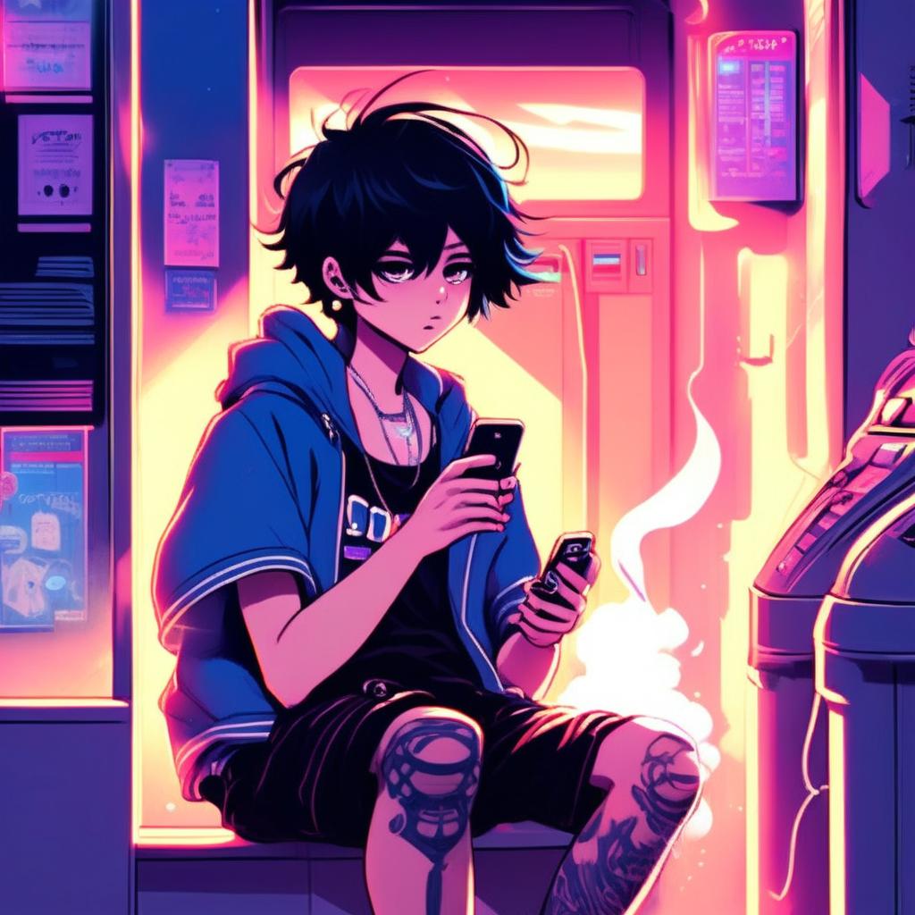 Anime art of an emo boy vaping and checking his phone at an old-fashioned laundromat under blue neon lights.