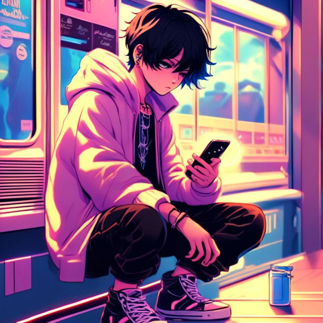 Anime art of an emo boy vaping and checking his phone at an old-fashioned laundromat under blue neon lights.