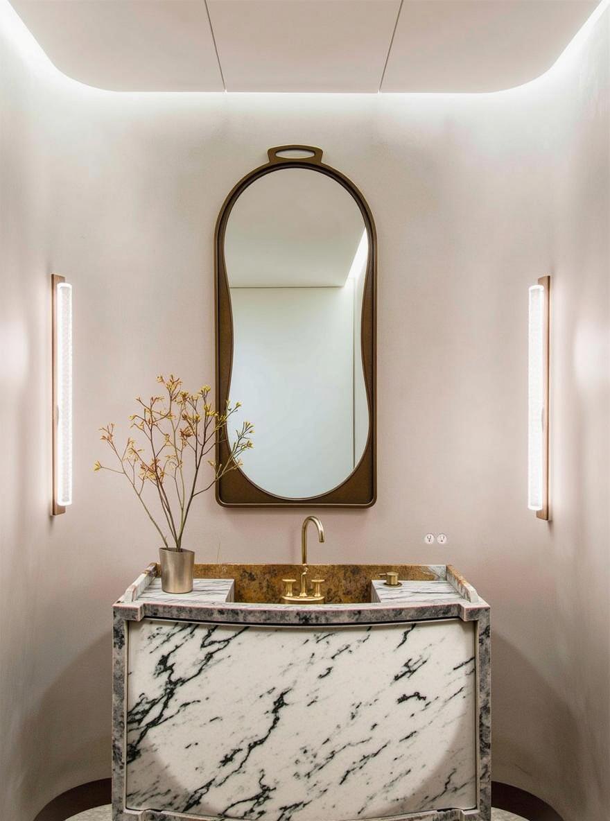 A modern bathroom featuring a large, elegantly shaped mirror with a sleek gold frame, mounted above a striking marble sink now designed with a lighter color palette, showcasing shades of cream and soft beige with subtle veining