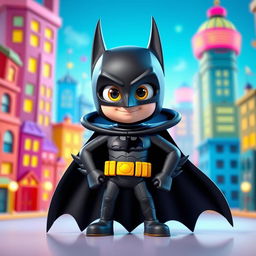 A vibrant 3D illustration of a superhero character inspired by the iconic Batman, designed in a fun and playful Pixar style