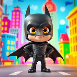 A vibrant 3D illustration of a superhero character inspired by the iconic Batman, designed in a fun and playful Pixar style