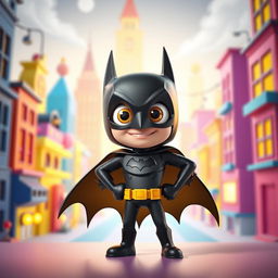 A vibrant 3D illustration of a superhero character inspired by the iconic Batman, designed in a fun and playful Pixar style