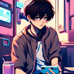 Anime art of an emo boy vaping and checking his phone at an old-fashioned laundromat under blue neon lights.