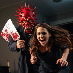 A dramatic 80's style horror scene featuring a man wearing a dark trench coat and a striking red mask adorned with spikes