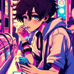 Anime art of an emo boy vaping and checking his phone at an old-fashioned laundromat under blue neon lights.