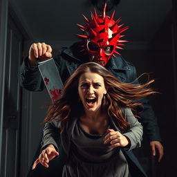 A dramatic 80's style horror scene featuring a man wearing a dark trench coat and a striking red mask adorned with spikes