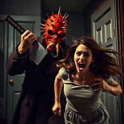 A dramatic 80's style horror scene featuring a man wearing a dark trench coat and a striking red mask adorned with spikes