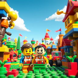 A lively and imaginative 3D illustration featuring a vibrant Lego creation, designed in the playful and colorful style of Pixar animation