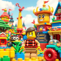 A lively and imaginative 3D illustration featuring a vibrant Lego creation, designed in the playful and colorful style of Pixar animation