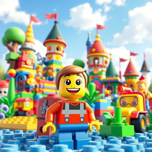 A lively and imaginative 3D illustration featuring a vibrant Lego creation, designed in the playful and colorful style of Pixar animation