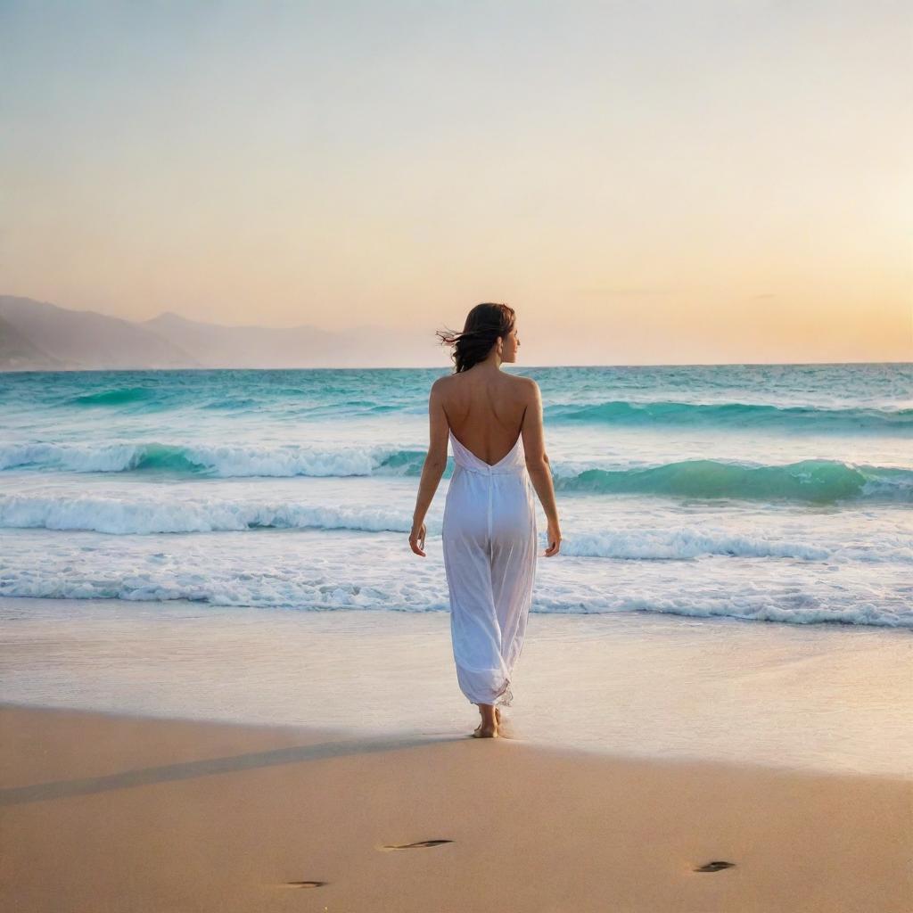 A serene woman leisurely strolling along a golden sand beach, with white-capped turquoise waves softly breaking in the background at sunset.