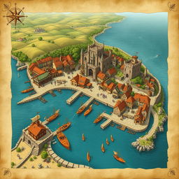 A detailed illustration of a medieval port city map, showcasing bustling docks filled with ships, merchant stalls, and fishermen