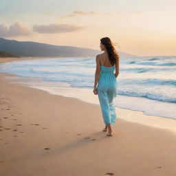 A serene woman leisurely strolling along a golden sand beach, with white-capped turquoise waves softly breaking in the background at sunset.