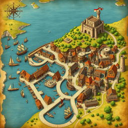 A detailed illustration of a medieval port city map, showcasing bustling docks filled with ships, merchant stalls, and fishermen