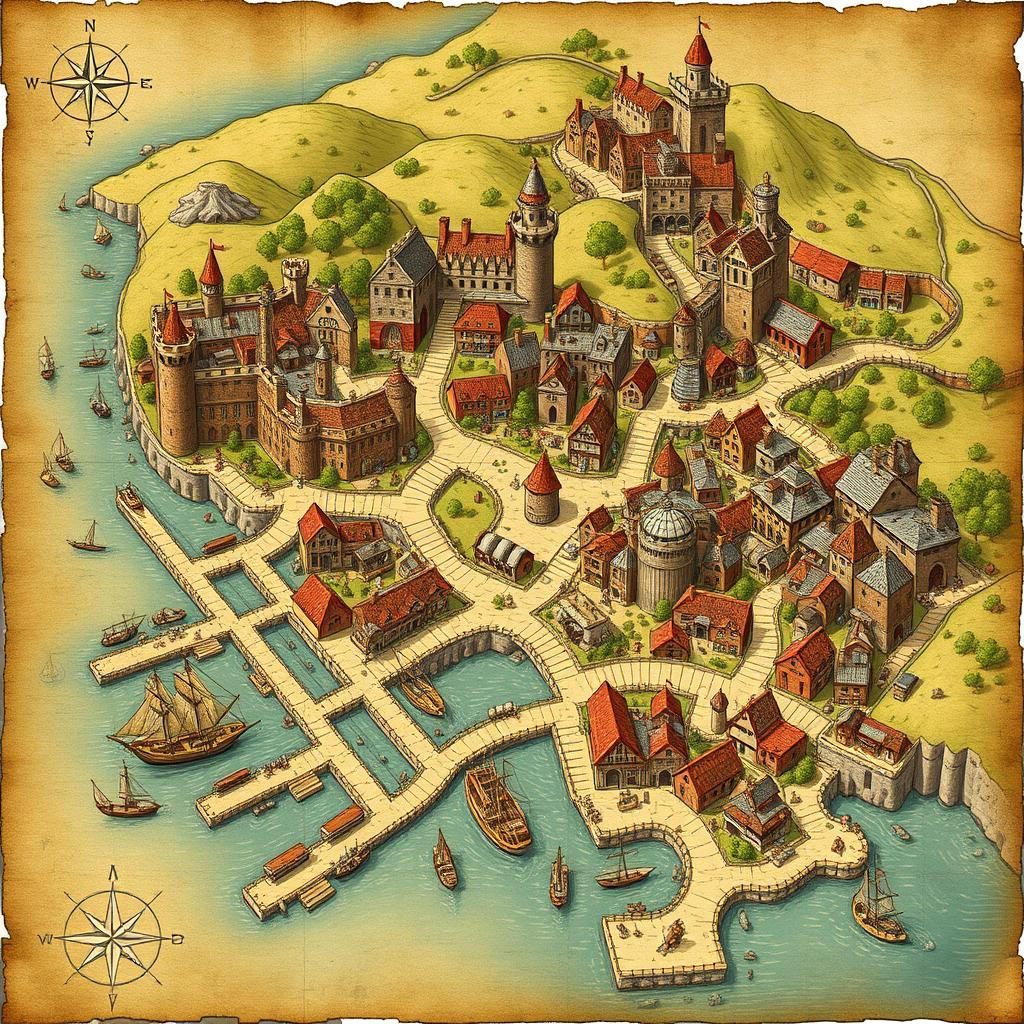 A detailed illustration of a medieval port city map, showcasing bustling docks filled with ships, merchant stalls, and fishermen