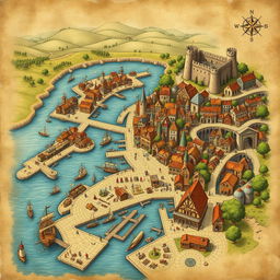 A detailed illustration of a medieval port city map, showcasing bustling docks filled with ships, merchant stalls, and fishermen