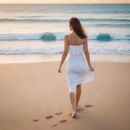 A serene woman leisurely strolling along a golden sand beach, with white-capped turquoise waves softly breaking in the background at sunset.