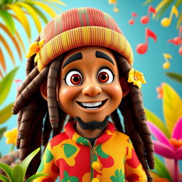 A vibrant 3D illustration of a character inspired by Bob Marley, designed in the playful and colorful style of Pixar animation