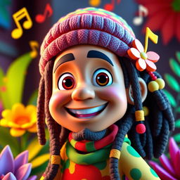 A vibrant 3D illustration of a character inspired by Bob Marley, designed in the playful and colorful style of Pixar animation