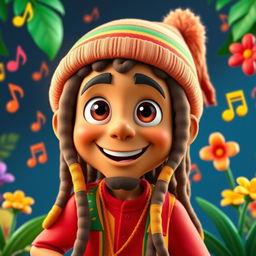 A vibrant 3D illustration of a character inspired by Bob Marley, designed in the playful and colorful style of Pixar animation