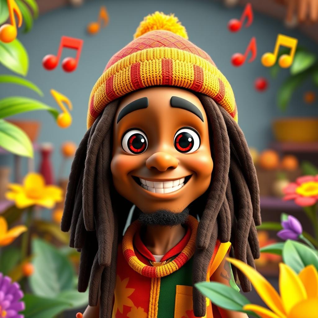 A vibrant 3D illustration of a character inspired by Bob Marley, designed in the playful and colorful style of Pixar animation