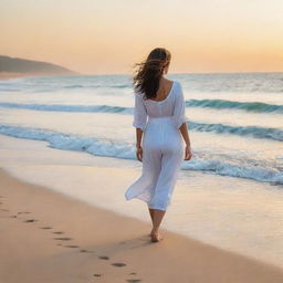 A serene woman leisurely strolling along a golden sand beach, with white-capped turquoise waves softly breaking in the background at sunset.